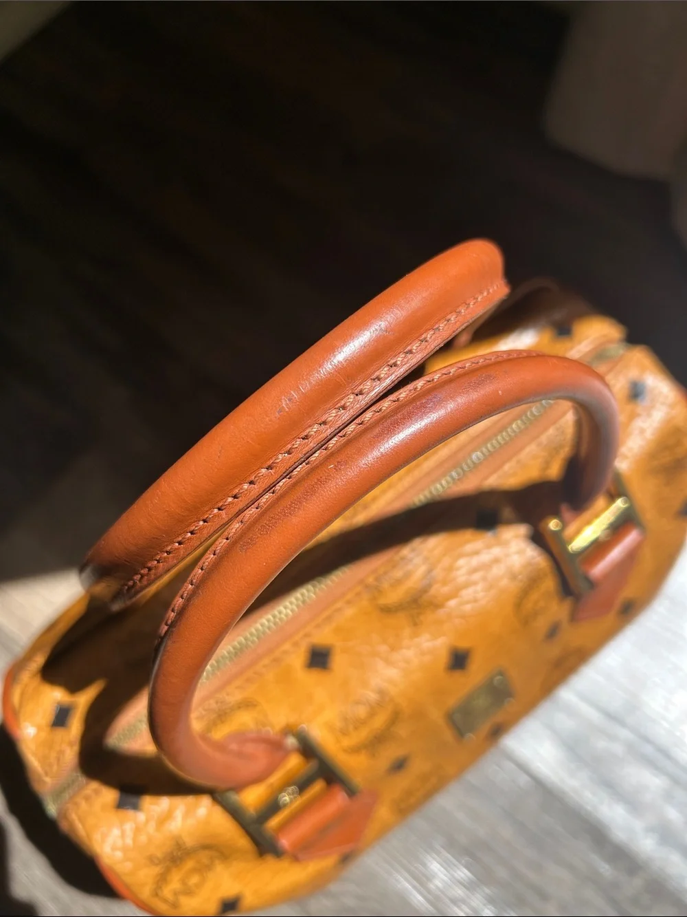 MCM Cognac Visetos Satchel with Gold Hardware and Brown Handles